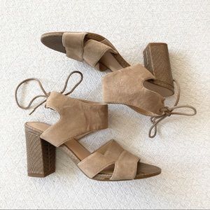 Franco Sarto Taupe Suede Strappy Open Toe Block Sandal Heels